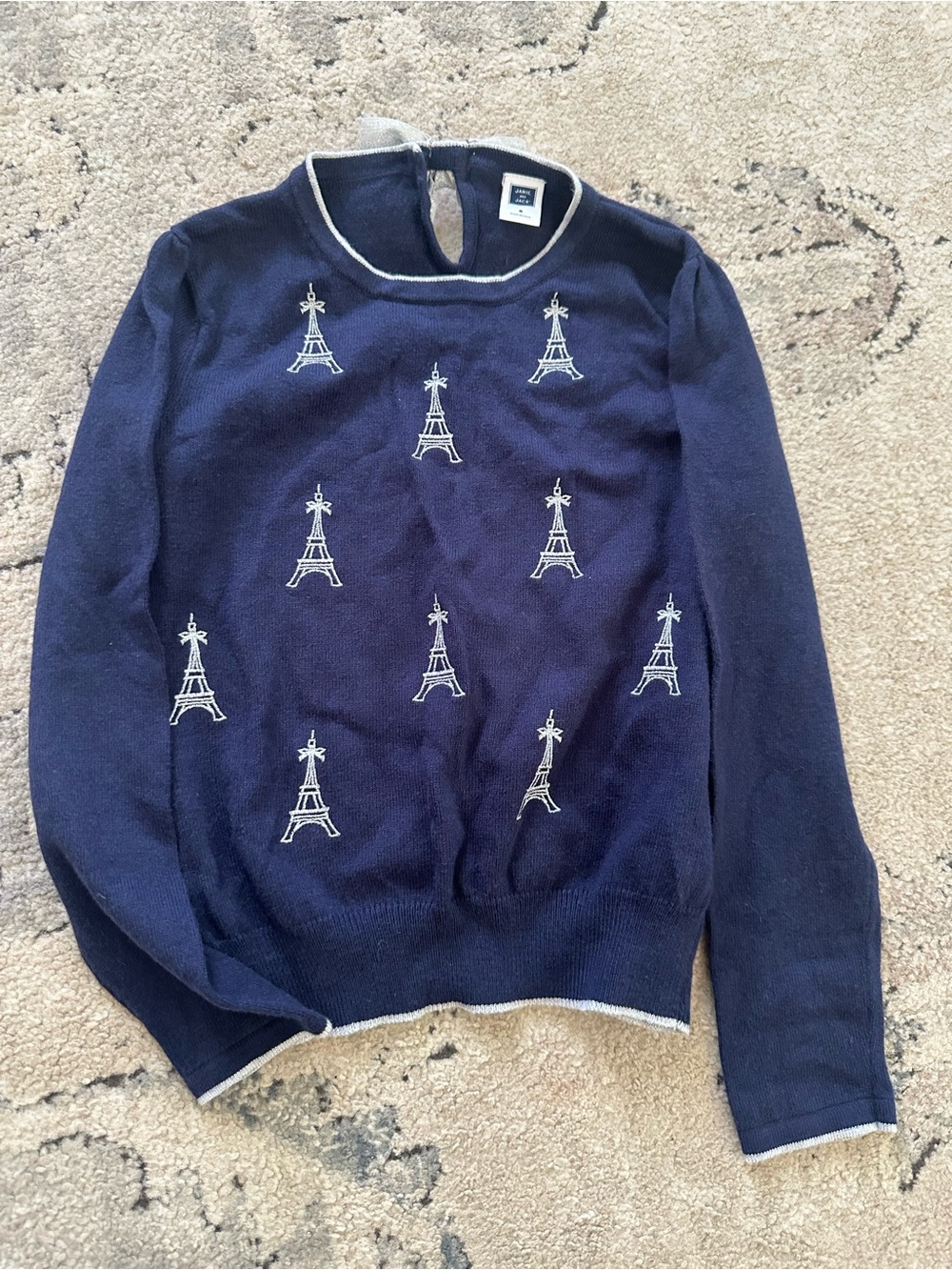 Janie and Jack Navy Crewneck Sweater with Silver Eiffel Tower Embroidery